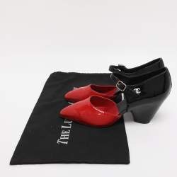 Pre Owned Chanel Red/Black Patent Leather Mary Jane Wedge Pumps Size 38