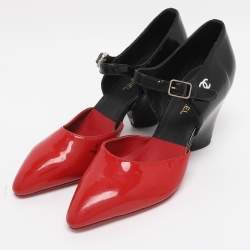 Pre Owned Chanel Red/Black Patent Leather Mary Jane Wedge Pumps Size 38