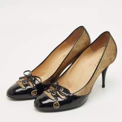 Pre Owned Chanel Black Patent Leather and Suede Bow Pumps Size 38.5