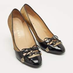 Pre Owned Chanel Black Patent Leather and Suede Bow Pumps Size 38.5