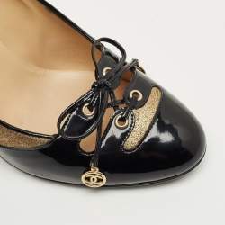 Pre Owned Chanel Black Patent Leather and Suede Bow Pumps Size 38.5