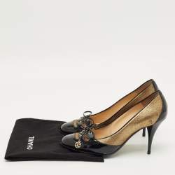 Pre Owned Chanel Black Patent Leather and Suede Bow Pumps Size 38.5