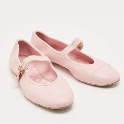 Pre Owned Chanel Pink Leather CC Cap Toe Mary Jane Ballet Flats Size 40