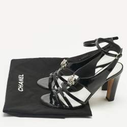 Pre Owned Chanel Black Patent Pearl CC Slingback Sandals Size 39.5