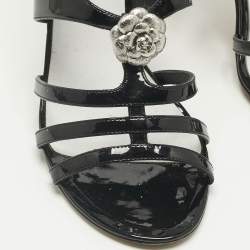 Pre Owned Chanel Black Patent Pearl CC Slingback Sandals Size 39.5