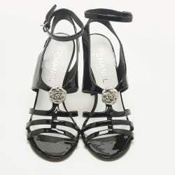 Pre Owned Chanel Black Patent Pearl CC Slingback Sandals Size 39.5