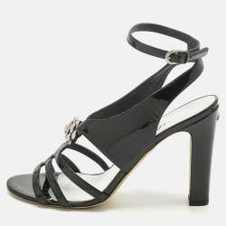 Pre Owned Chanel Black Patent Pearl CC Slingback Sandals Size 39.5