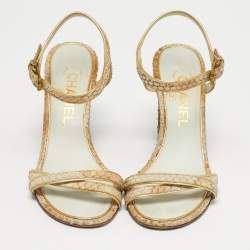 Pre Owned Chanel Beige Python Leather Ankle Strap Sandals Size 35.5