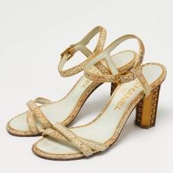 Pre Owned Chanel Beige Python Leather Ankle Strap Sandals Size 35.5