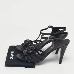 Pre Owned Chanel Black Leather Camellia Ankle Strap Sandals Size 37.5