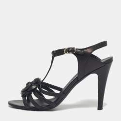 Pre Owned Chanel Black Leather Camellia Ankle Strap Sandals Size 37.5