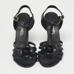 Pre Owned Chanel Black Leather Camellia Ankle Strap Sandals Size 37.5