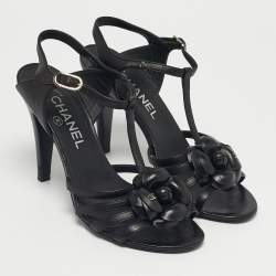 Pre Owned Chanel Black Leather Camellia Ankle Strap Sandals Size 37.5