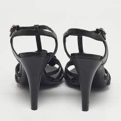 Pre Owned Chanel Black Leather Camellia Ankle Strap Sandals Size 37.5