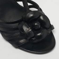 Pre Owned Chanel Black Leather Camellia Ankle Strap Sandals Size 37.5