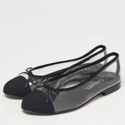 Pre Owned Chanel Black/Transparent PVC and Canvas CC Cap Toe Bow Ballet Flats Size 38
