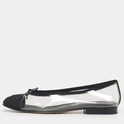 Pre Owned Chanel Black/Transparent PVC and Canvas CC Cap Toe Bow Ballet Flats Size 38