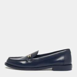 Pre Owned Chanel Navy Blue Leather CC Logo Slip On Loafers Size 38