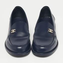 Pre Owned Chanel Navy Blue Leather CC Logo Slip On Loafers Size 38