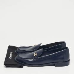 Pre Owned Chanel Navy Blue Leather CC Logo Slip On Loafers Size 38