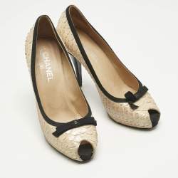 Pre Owned Chanel Metallic Black/Beige Python Leather Peep Toe Pumps Size 40