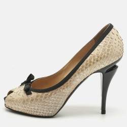 Pre Owned Chanel Metallic Black/Beige Python Leather Peep Toe Pumps Size 40