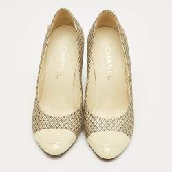 Pre Owned Chanel Beige Mesh and Patent Leather CC Cap Toe Pumps Size 37.5