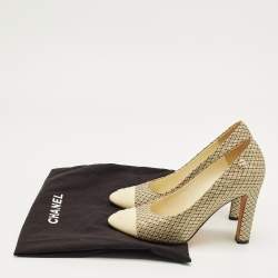 Pre Owned Chanel Beige Mesh and Patent Leather CC Cap Toe Pumps Size 37.5