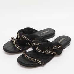 Pre Owned Chanel Black Suede Chain Embellished Flat Slides Size 36