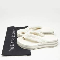 Pre Owned Chanel White Fabric Thong Wedge Sandals Size 37