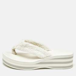 Pre Owned Chanel White Fabric Thong Wedge Sandals Size 37