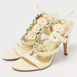 Pre Owned Chanel Cream Leather and Patent Leather Camellia Ankle Tie Sandals Size 36.5