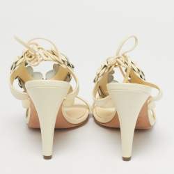 Pre Owned Chanel Cream Leather and Patent Leather Camellia Ankle Tie Sandals Size 36.5