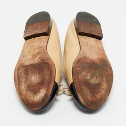 Pre Owned Chanel Beige/Black Leather Bow CC Cap Toe Ballet Flats Size 36.5