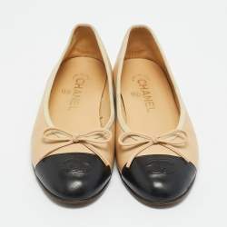 Pre Owned Chanel Beige/Black Leather Bow CC Cap Toe Ballet Flats Size 36.5