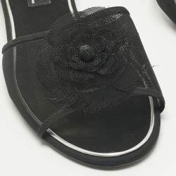 Pre Owned Chanel Black Mesh Flower Embellished Flat Slides Size 40