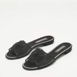 Pre Owned Chanel Black Mesh Flower Embellished Flat Slides Size 40