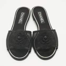 Pre Owned Chanel Black Mesh Flower Embellished Flat Slides Size 40