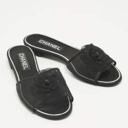 Pre Owned Chanel Black Mesh Flower Embellished Flat Slides Size 40