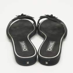 Pre Owned Chanel Black Mesh Flower Embellished Flat Slides Size 40