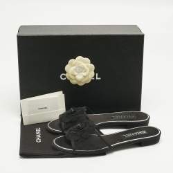 Pre Owned Chanel Black Mesh Flower Embellished Flat Slides Size 40