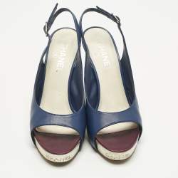 Pre Owned Chanel Navy Blue Leather CC Open Toe Platform Slingback Pumps Size 38