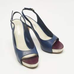 Pre Owned Chanel Navy Blue Leather CC Open Toe Platform Slingback Pumps Size 38