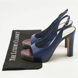 Pre Owned Chanel Navy Blue Leather CC Open Toe Platform Slingback Pumps Size 38