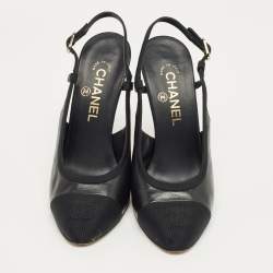Pre Owned Chanel Black Leather and Canvas CC Cap toe Slingback Pumps Size 38
