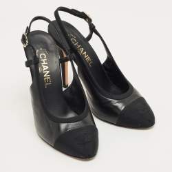 Pre Owned Chanel Black Leather and Canvas CC Cap toe Slingback Pumps Size 38