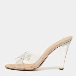 Pre Owned Chanel Transparent Cross Strap PVC CC Slide Sandals Size 38