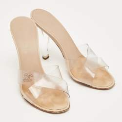 Pre Owned Chanel Transparent Cross Strap PVC CC Slide Sandals Size 38