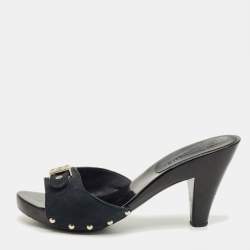 Pre Owned Chanel Black Suede CC Logo Slide Sandals Size 37