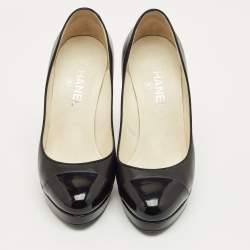 Pre Owned Chanel Black Leather and Patent Leather CC Cap Toe Platform Pumps Size 38